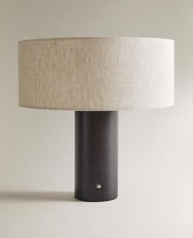 LARGE LINEN AND WOOD CORDLESS TABLE LAMP