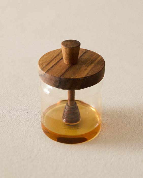 BOROSILICATE GLASS AND WOOD HONEY JAR