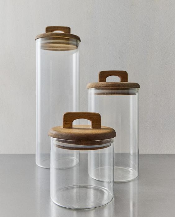 BOROSILICATE GLASS AND WOOD STORAGE JAR