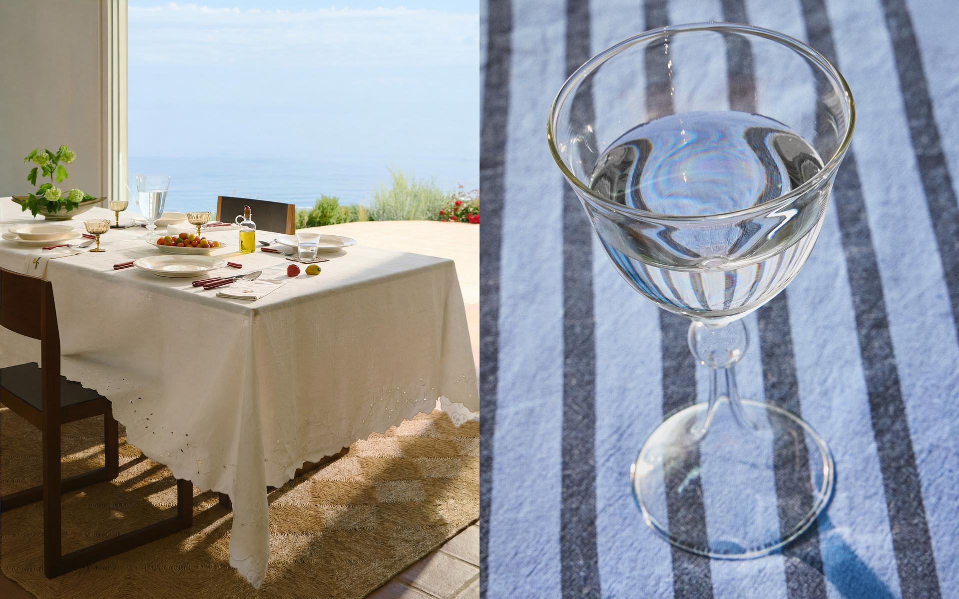 TABLECLOTH, DINNER SET AND GLASSES