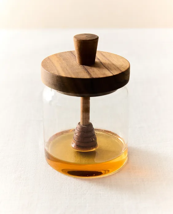 BOROSILICATE GLASS AND WOOD HONEY JAR