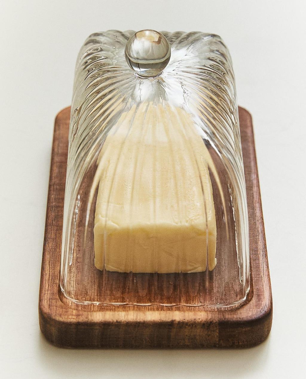 木质和硼硅玻璃黄油碟