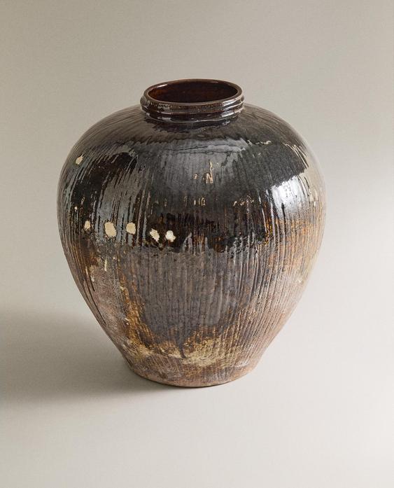LARGE STRIPED STONEWARE VASE