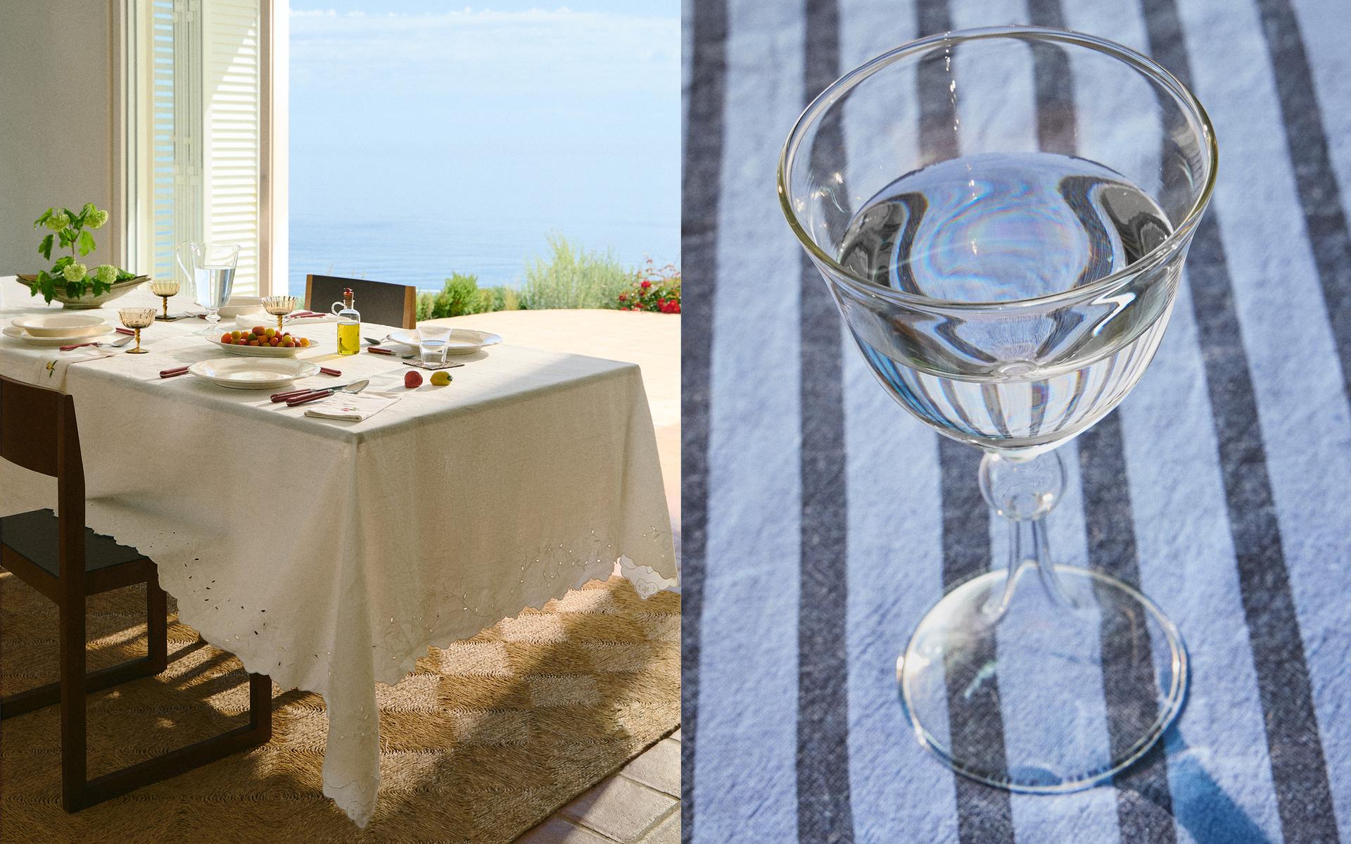 TABLECLOTH, DINNER SET AND GLASSES