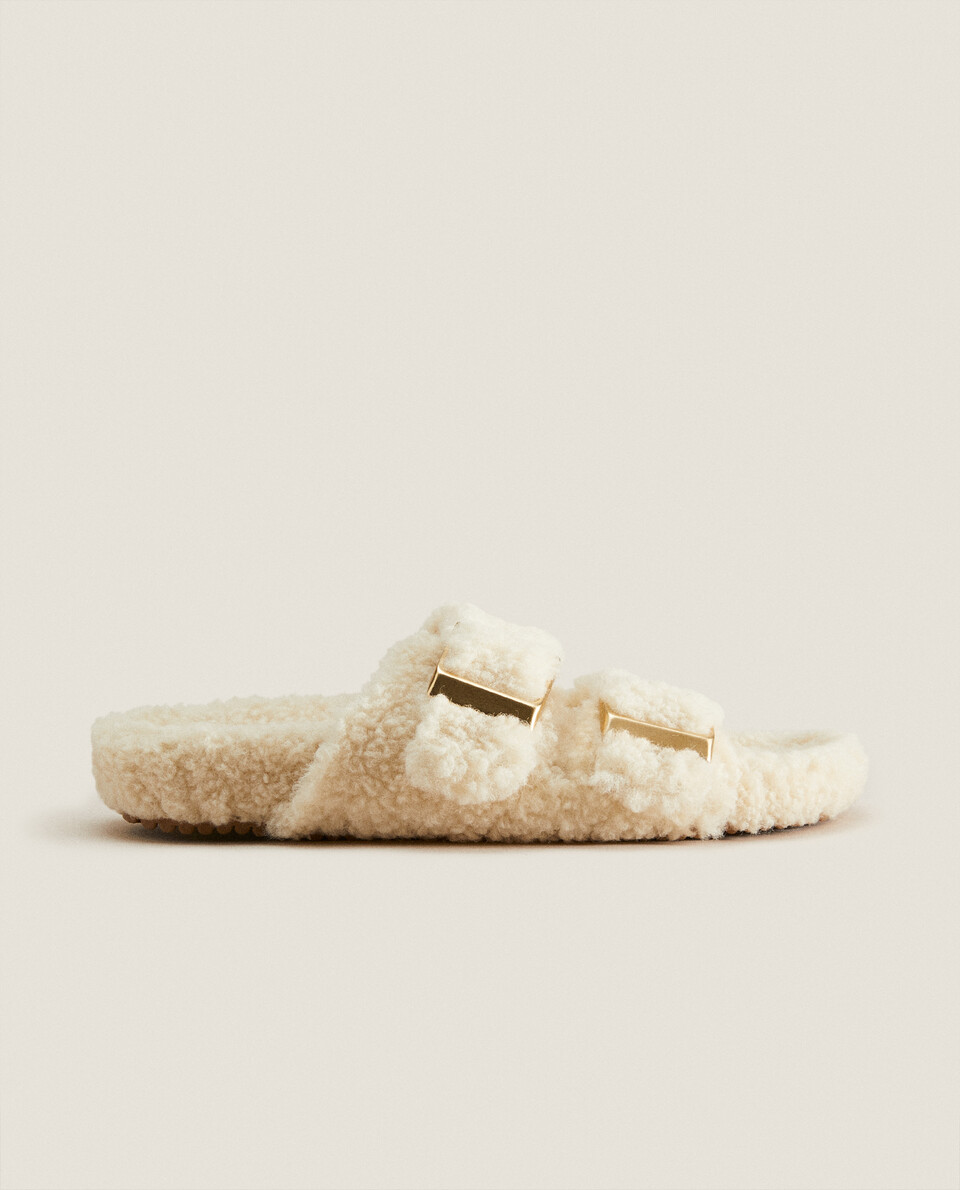 Two-buckled faux shearling sandals