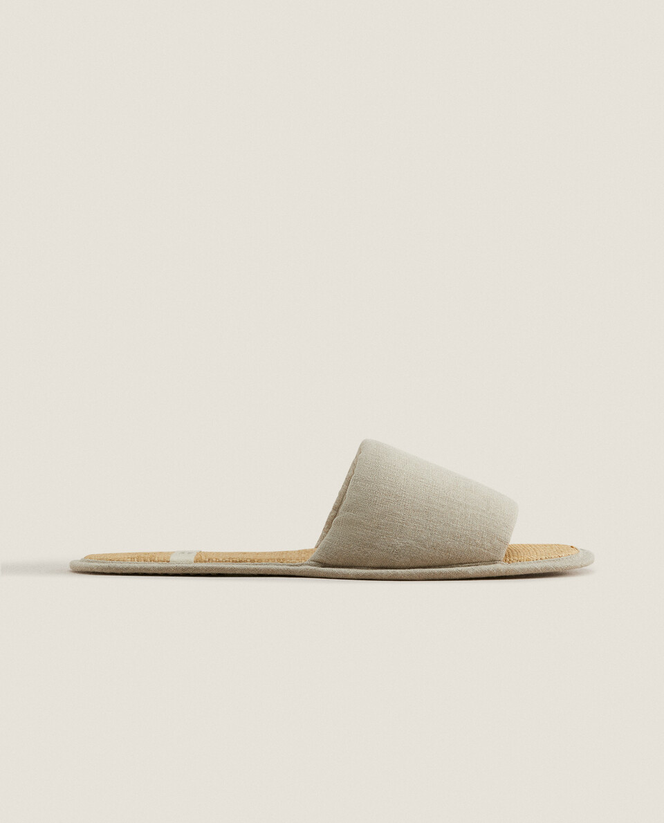 Open toe linen slippers with sole detail