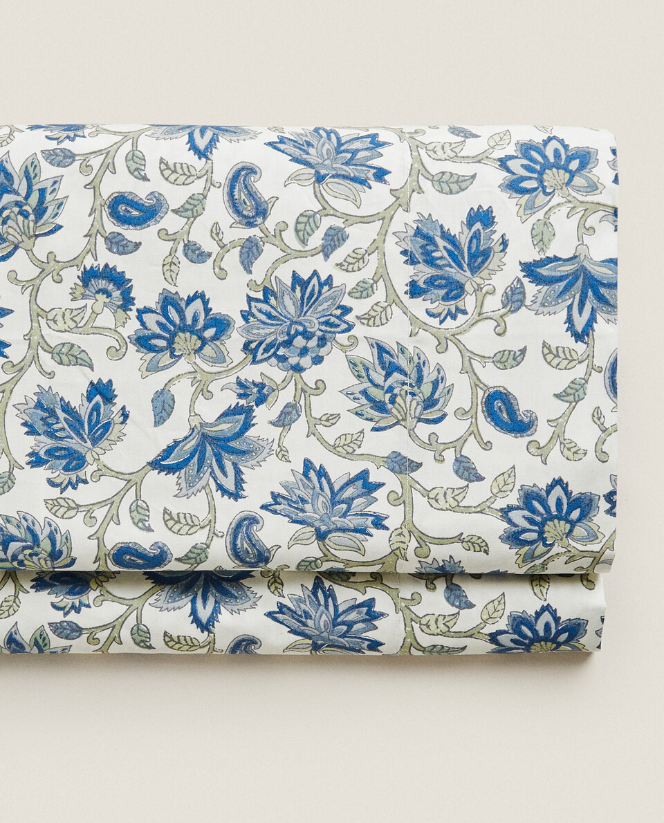 蓝色花卉印花上层床单