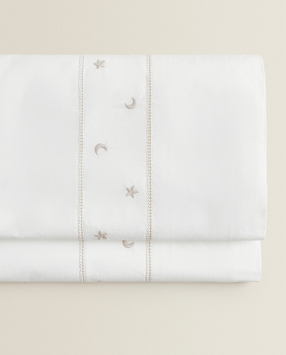 EMBROIDERED MOONS AND STARS FLAT SHEET