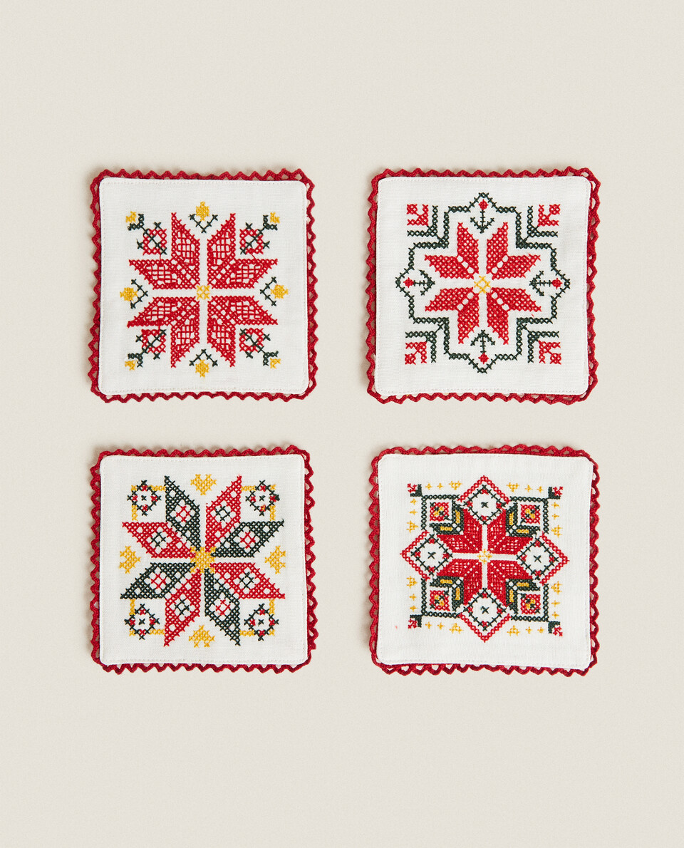 EMBROIDERED CHRISTMAS COASTERS (PACK OF 4)