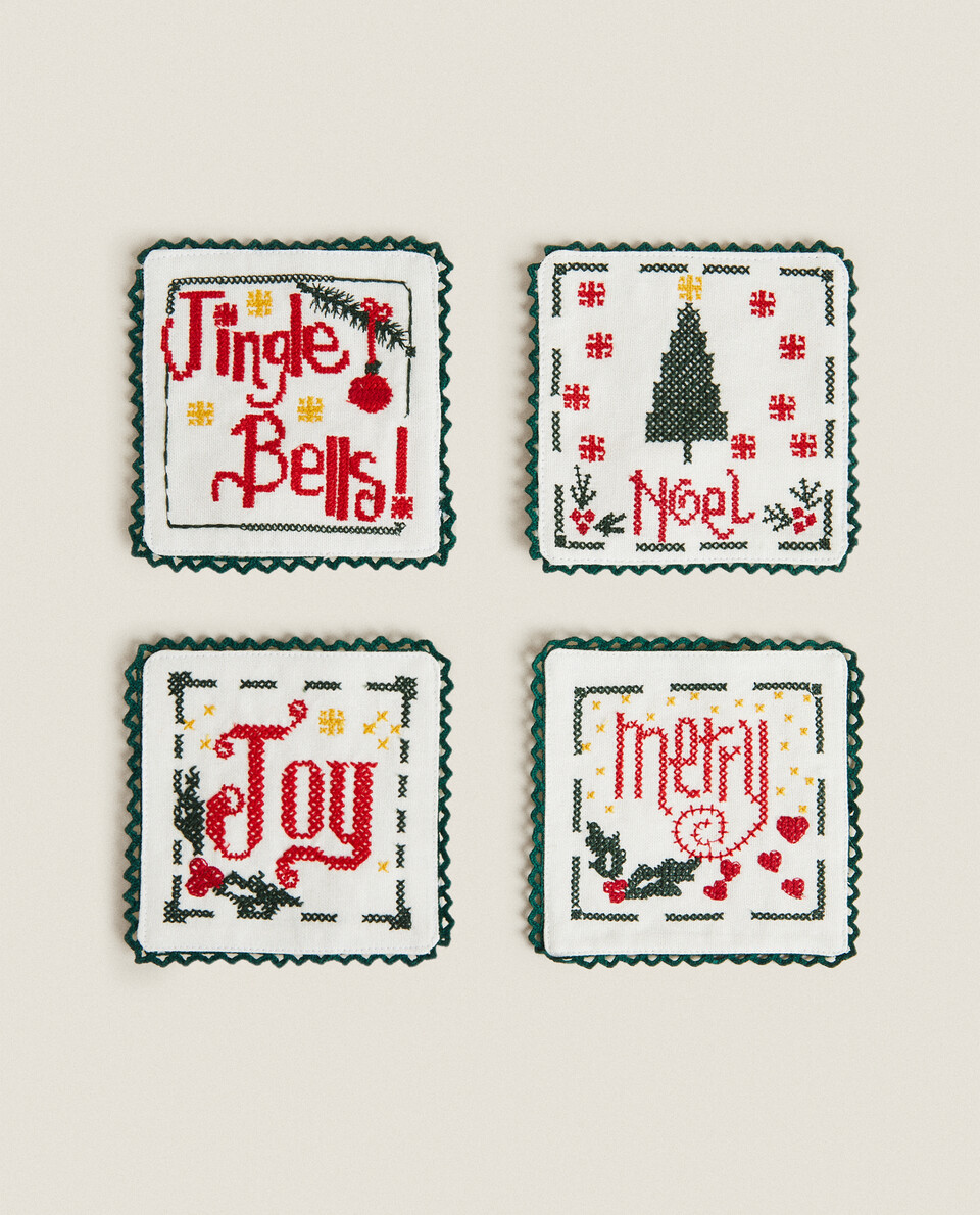 EMBROIDERED CHRISTMAS COASTERS (PACK OF 4)