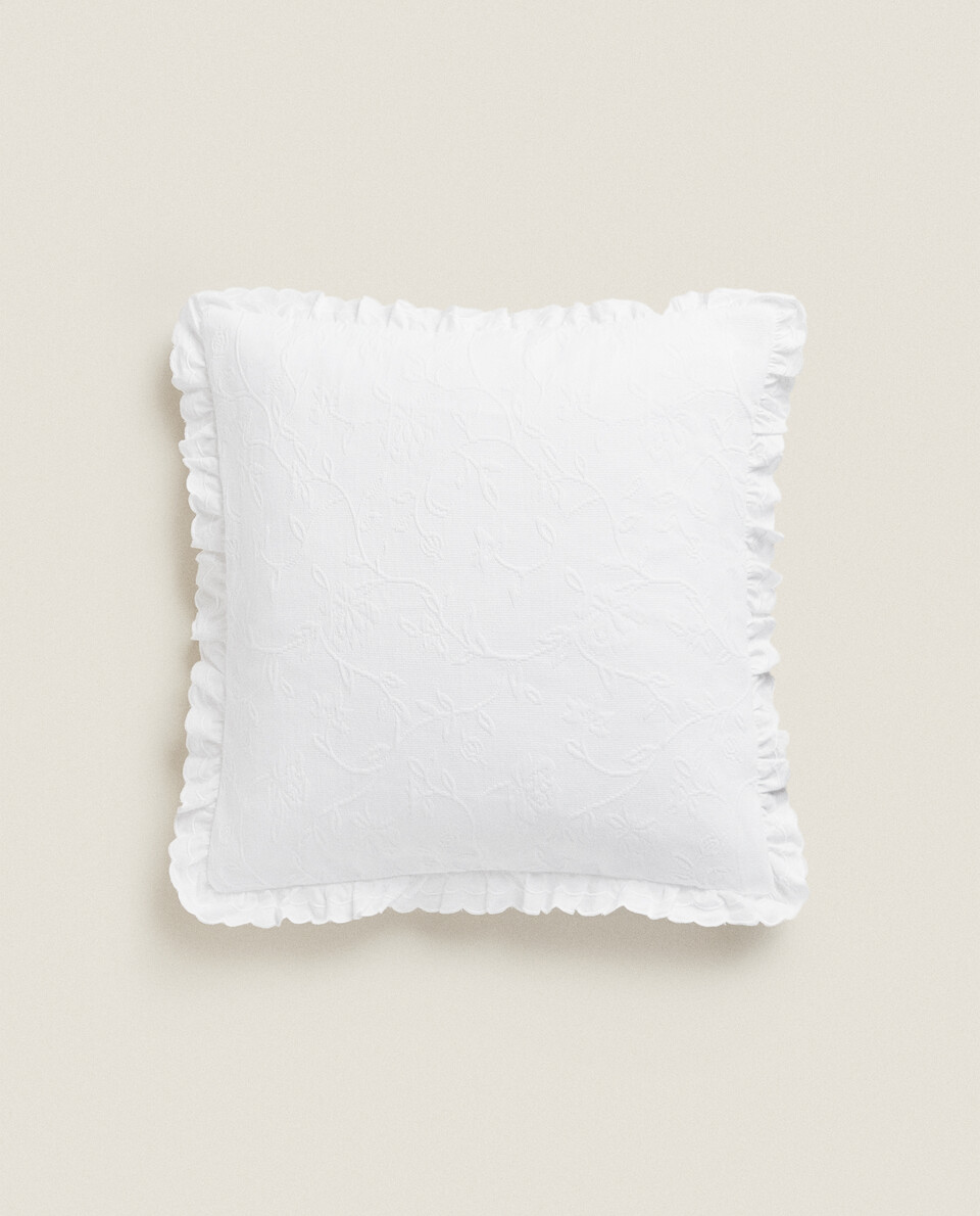 FLORAL COTTON CUSHION COVER WITH RUFFLE TRIM
