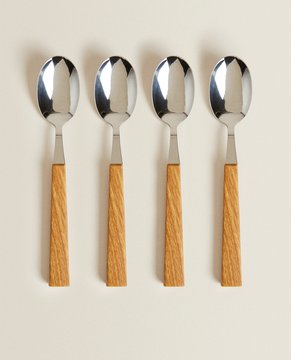 BOX OF 4 TABLE SPOONS WITH WOOD-EFFECT HANDLES