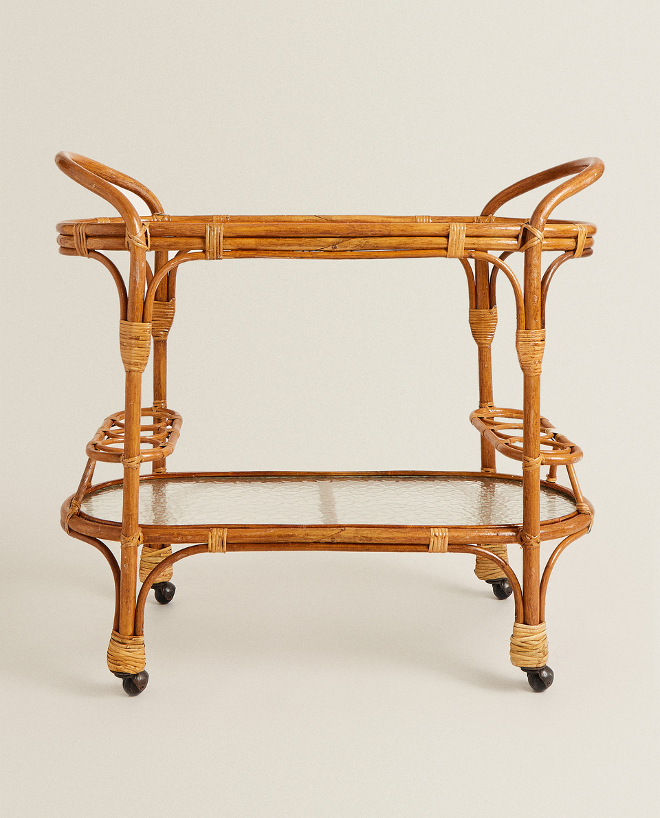 RATTAN AND HAMMERED GLASS TROLLEY