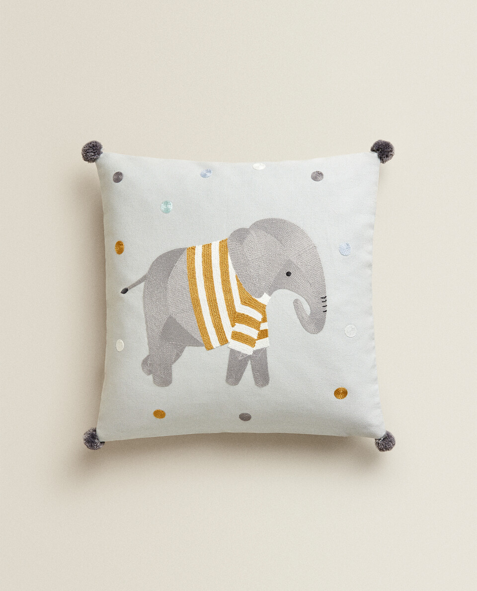 EMBROIDERED ELEPHANT CUSHION COVER
