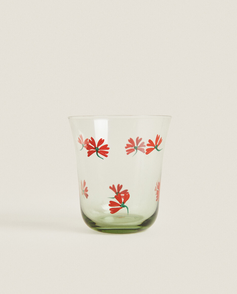 GLASS TUMBLER WITH FLORAL TRANSFER