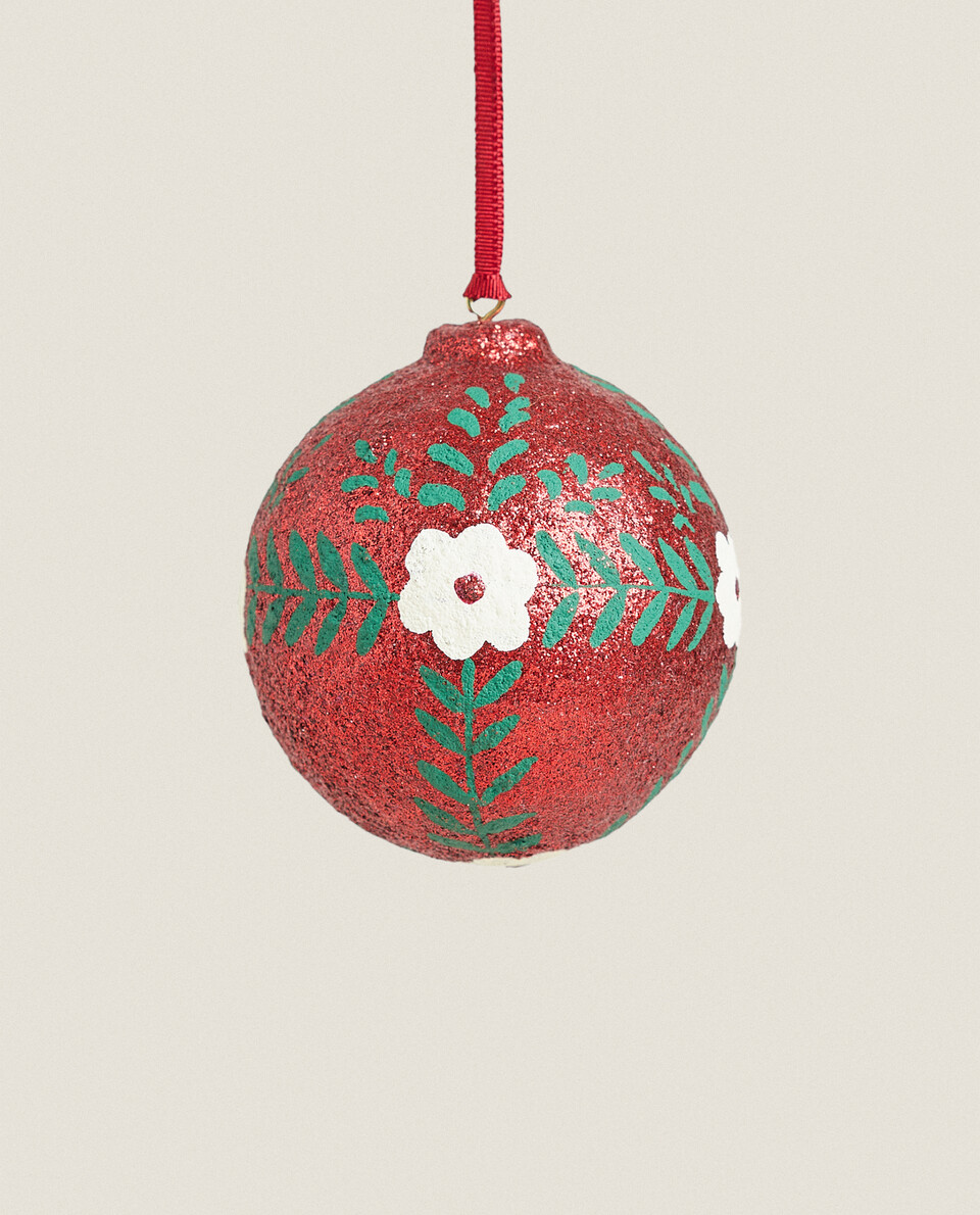 GLITTER FLORAL BALL CHRISTMAS DECORATION