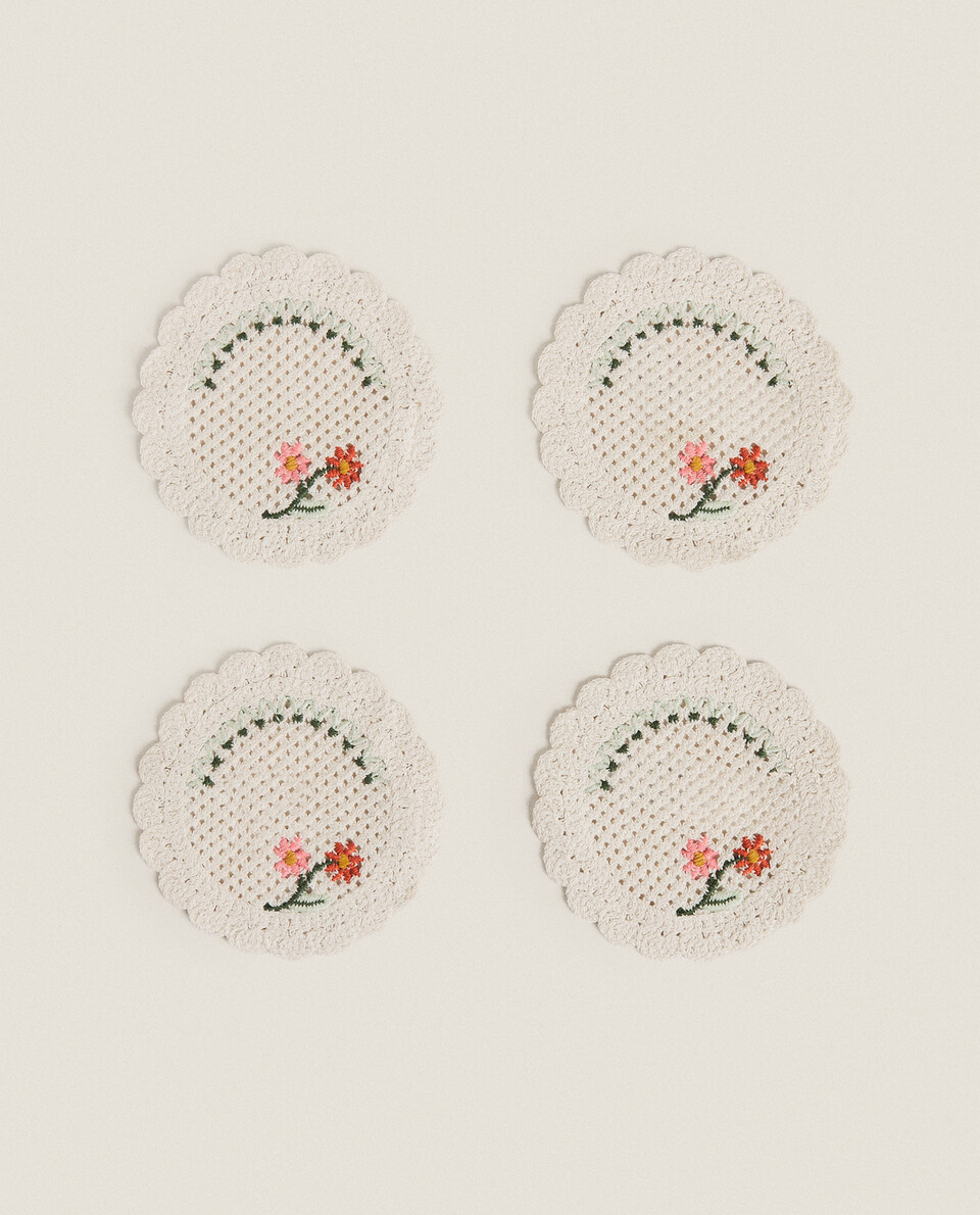 刺绣棉质杯垫（4件套）