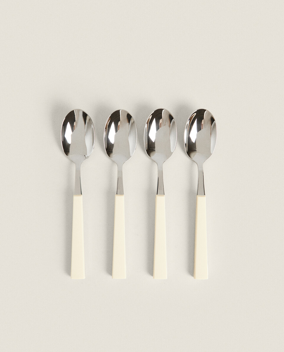 BOX OF 4 TEASPOONS WITH RECTANGLE HANDLES