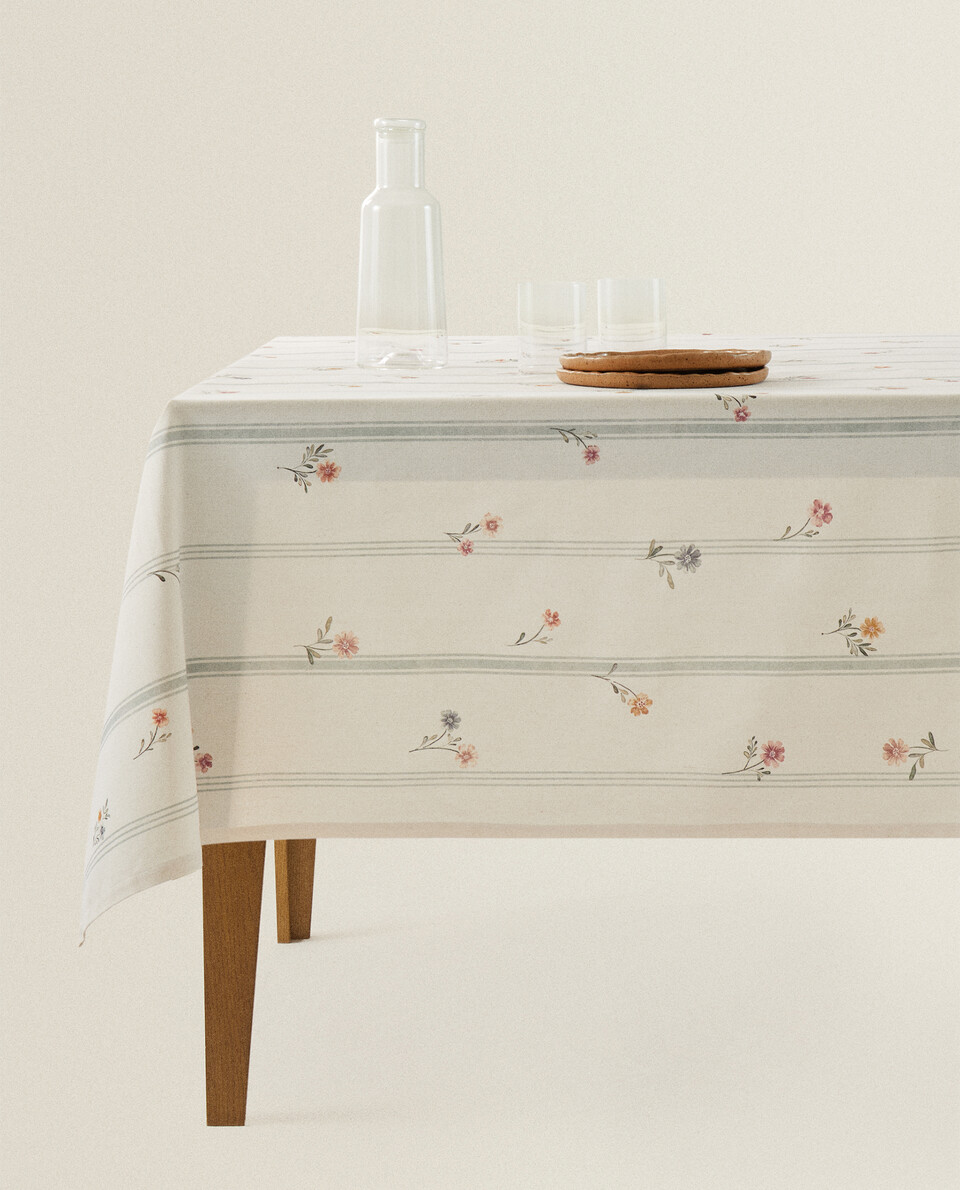 STRIPED AND FLORAL COTTON TABLECLOTH