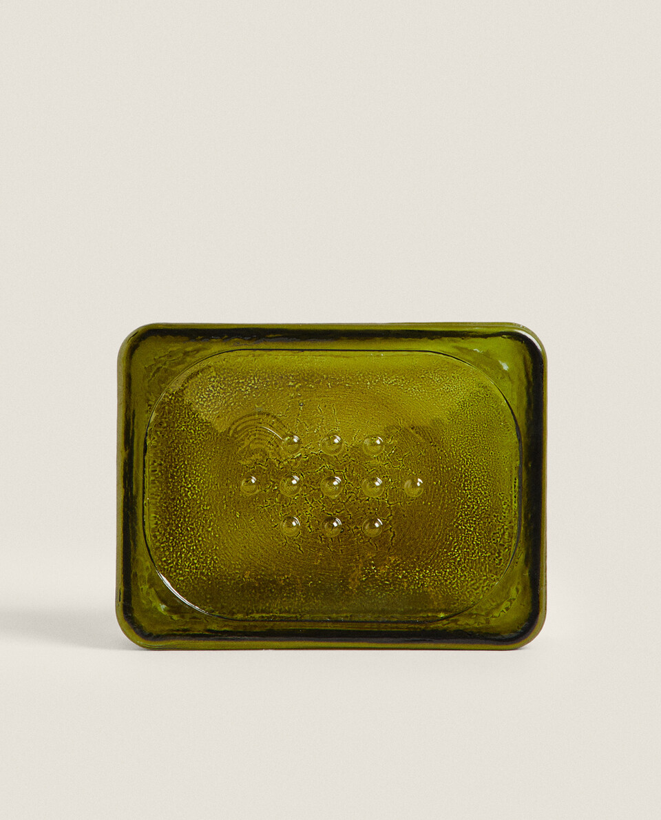 OLIVE GREEN GLASS SOAP DISH