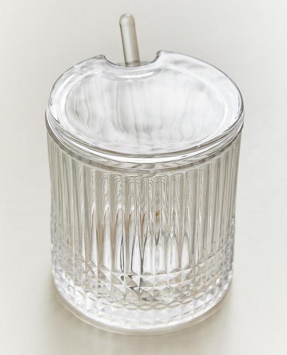 GLASS SUGAR BOWL WITH RAISED GEOMETRIC DESIGN