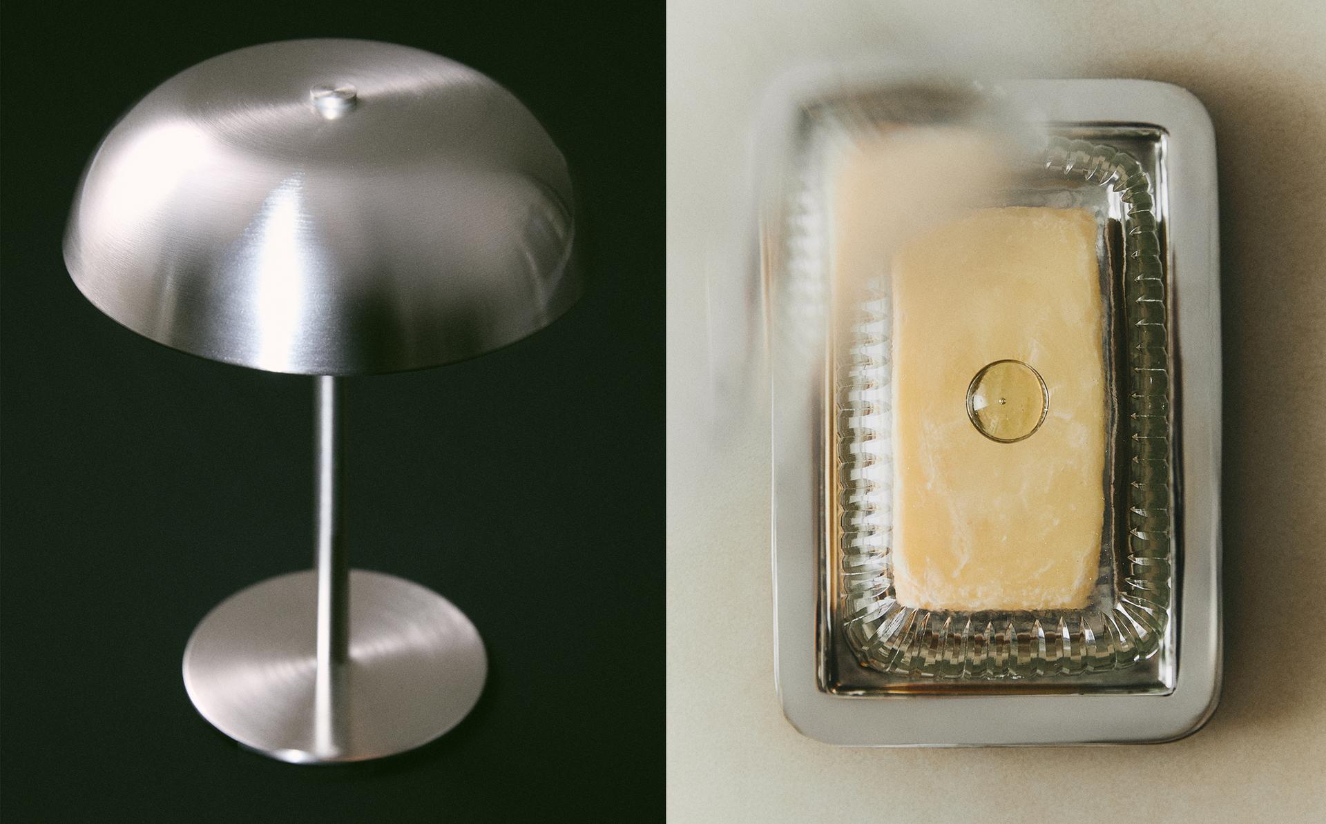 MONOCHROME TABLE LAMP AND STAINLESS STEEL BUTTER DISH
