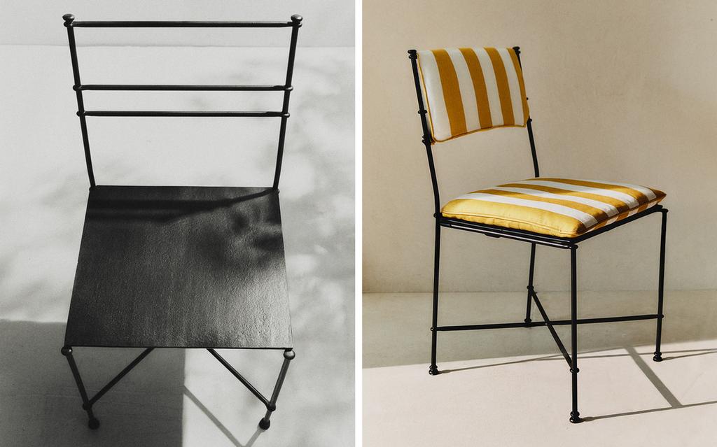 FORGED METAL CHAIR AND STRIPED CUSHIONS