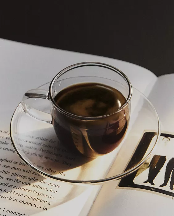 BOROSILICATE GLASS TEACUP AND SAUCER WITH SILVER RIM