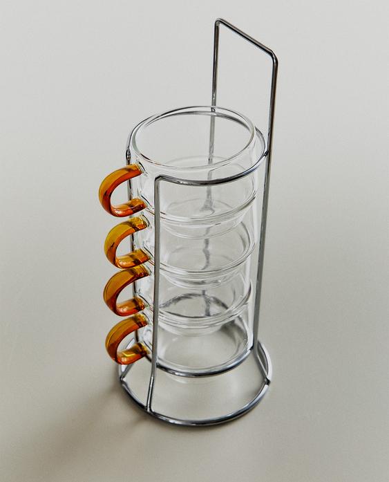BOROSILICATE GLASS CUP TOWER WITH COLOURED HANDLE (SET OF 4)