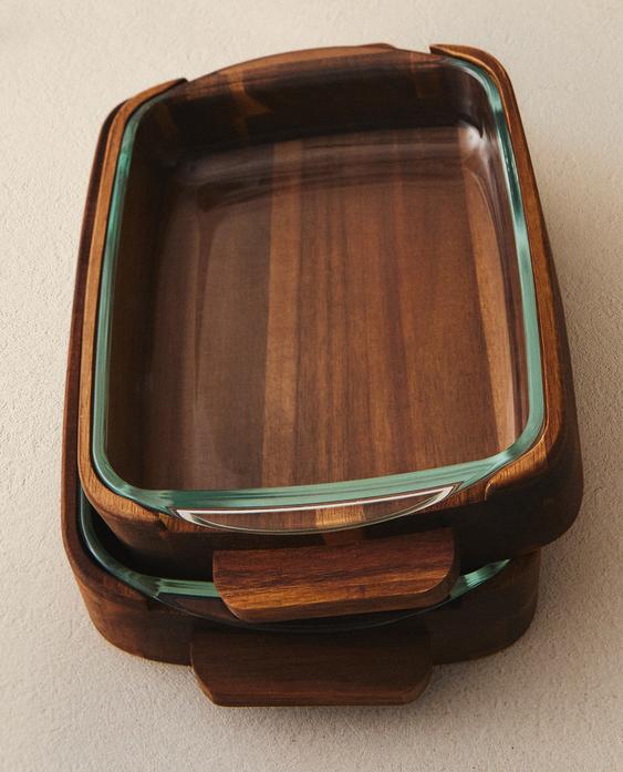 BOROSILICATE GLASS AND WOOD OVEN SERVING DISH