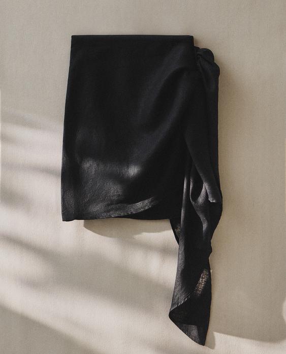 SHORT LINEN BLEND BEACH SARONG WITH KNOT