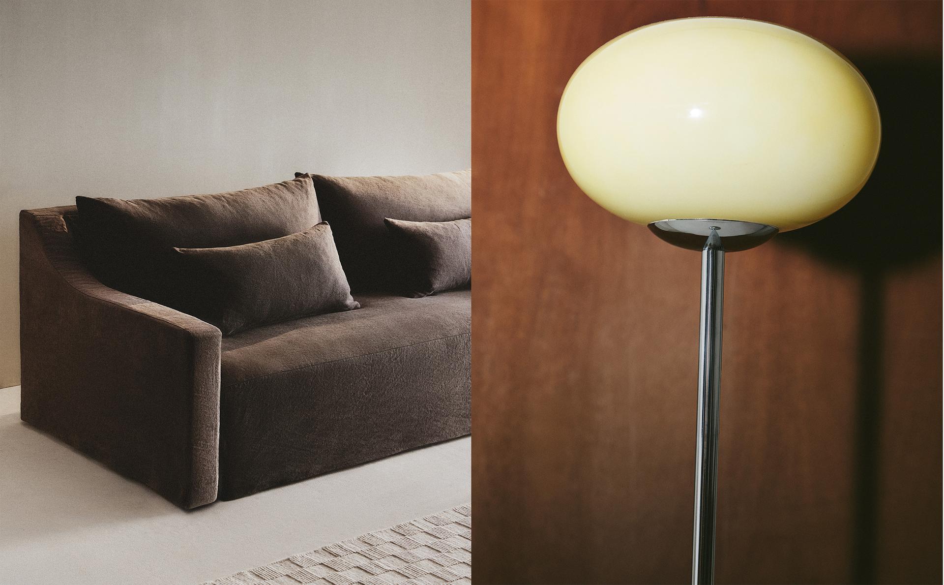 SOFA WITH REMOVABLE WASHED LINEN COVER AND GLASS AND METAL FLOOR LAMP SOFA WITH REMOVABLE WASHED LINEN COVER AND GLASS AND METAL FLOOR LAMP