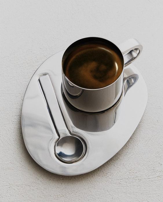 STEEL MUG, SPOON AND TRAY SET