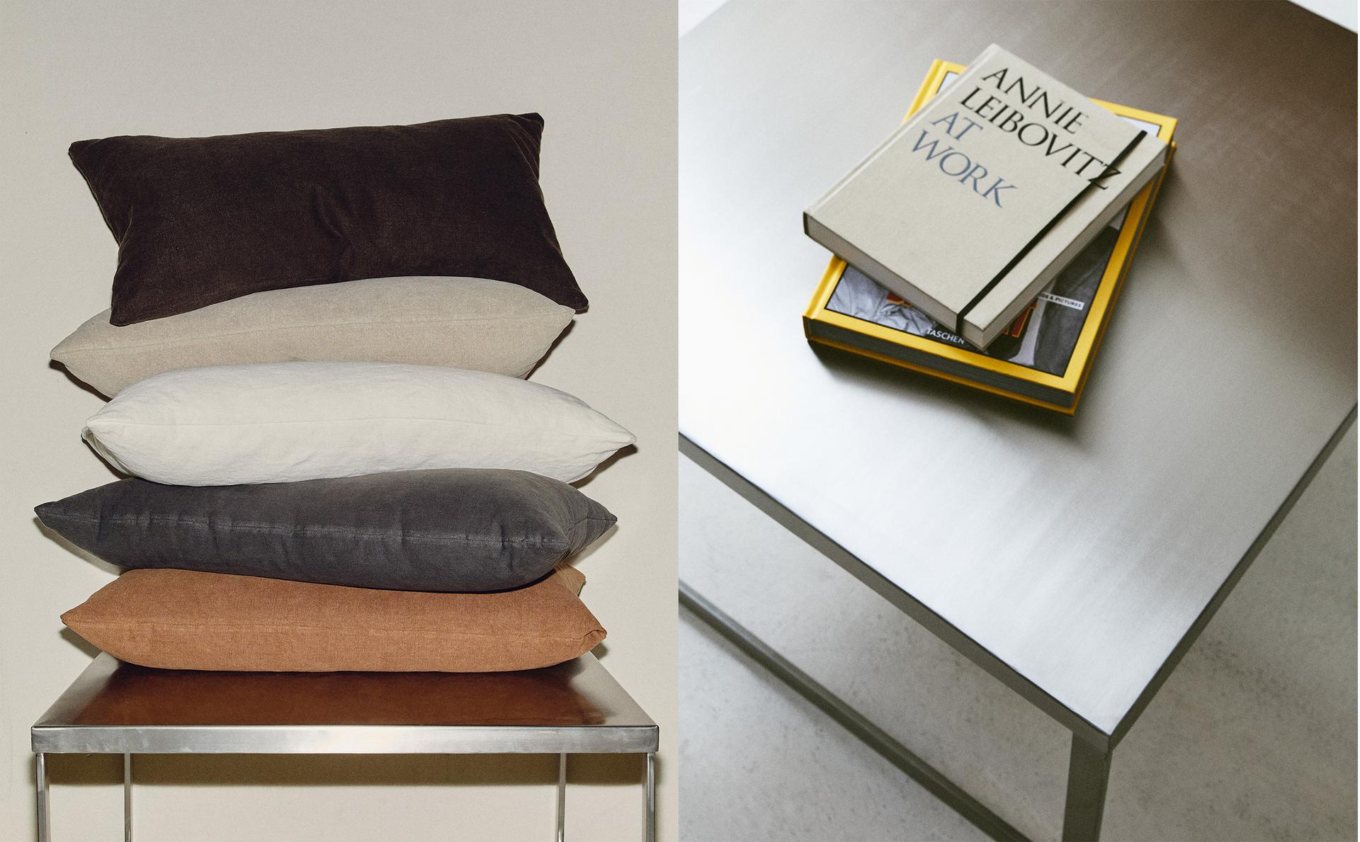 带书籍和水洗亚麻沙发的方形不锈钢茶几