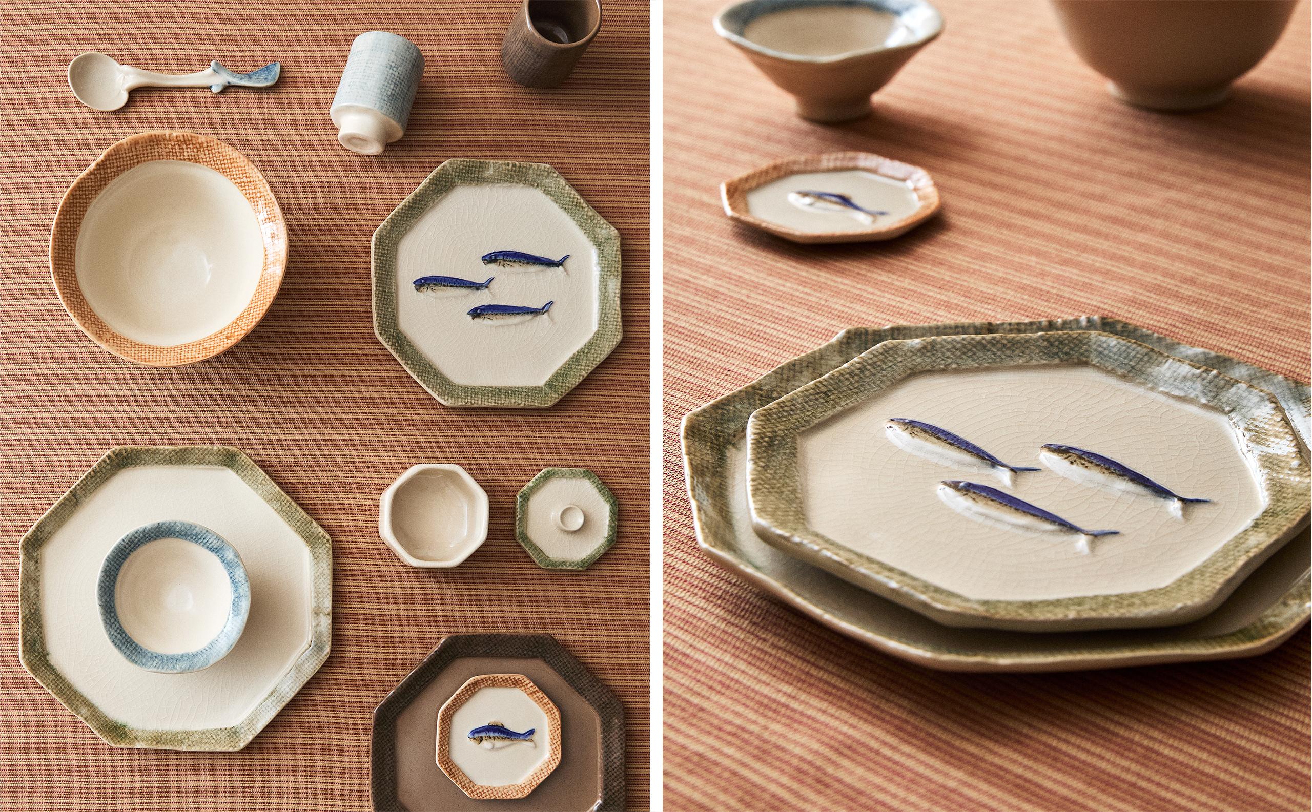 CERAMIC DINNER SET WITH CHECK BORDER
