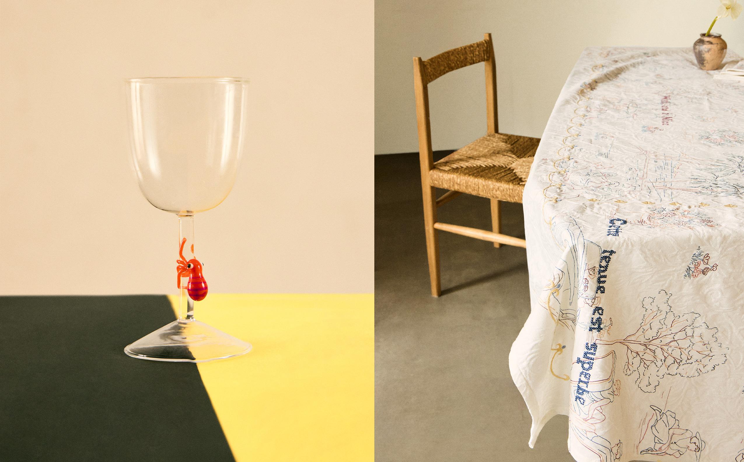 GLASSES AND TOILE DE JOUY TABLECLOTH