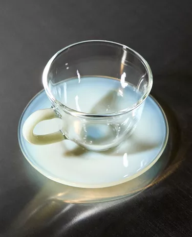 COLOURED BOROSILICATE GLASS COFFEE CUP AND SAUCER