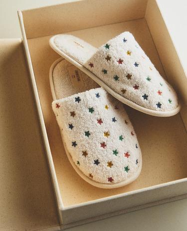 星星图案毛巾面料露跟浴室拖鞋