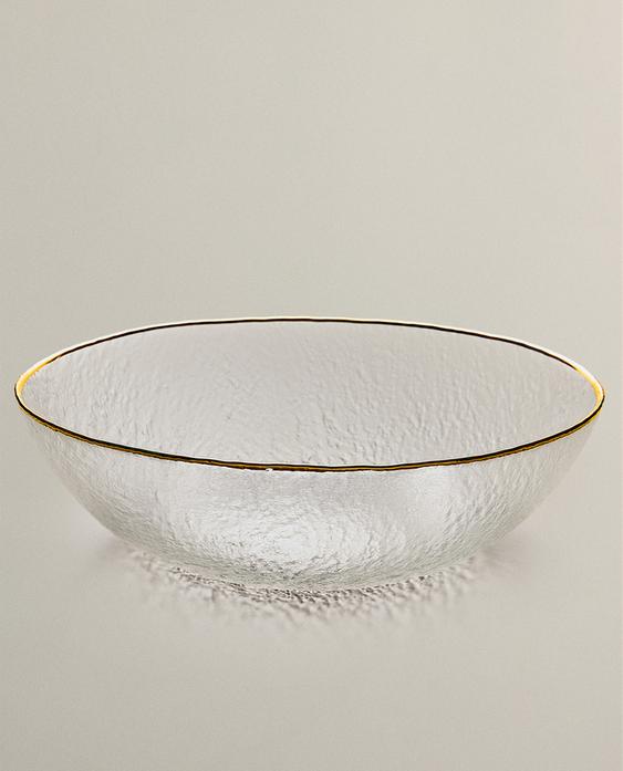 RAISED GLASS SALAD BOWL WITH GOLD RIM RAISED GLASS SALAD BOWL WITH GOLD RIM