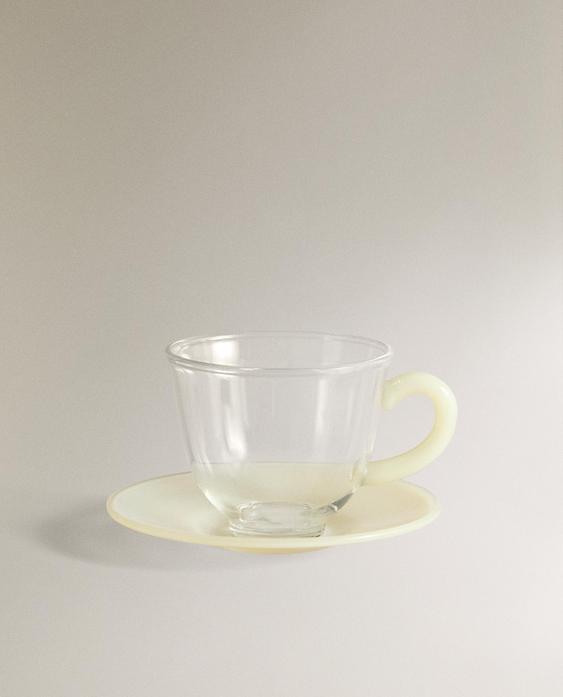 COLOURED BOROSILICATE GLASS COFFEE CUP AND SAUCER