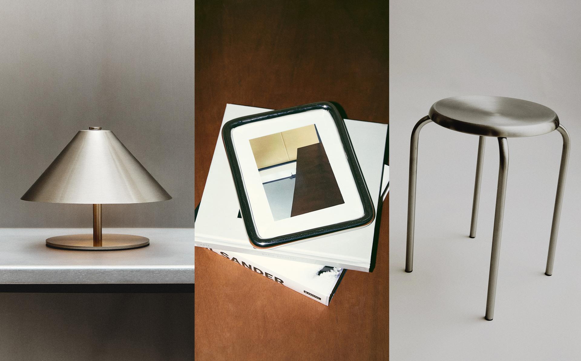 STAINLESS STEEL TABLE LAMP, PHOTO FRAME AND STOOL