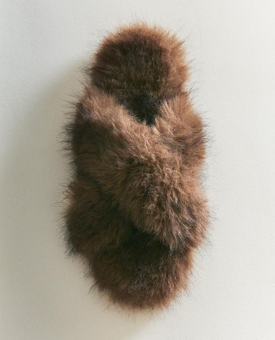 人造皮草交叉带凉鞋