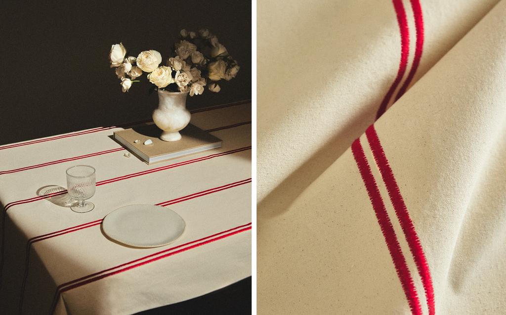 双条纹刺绣桌布