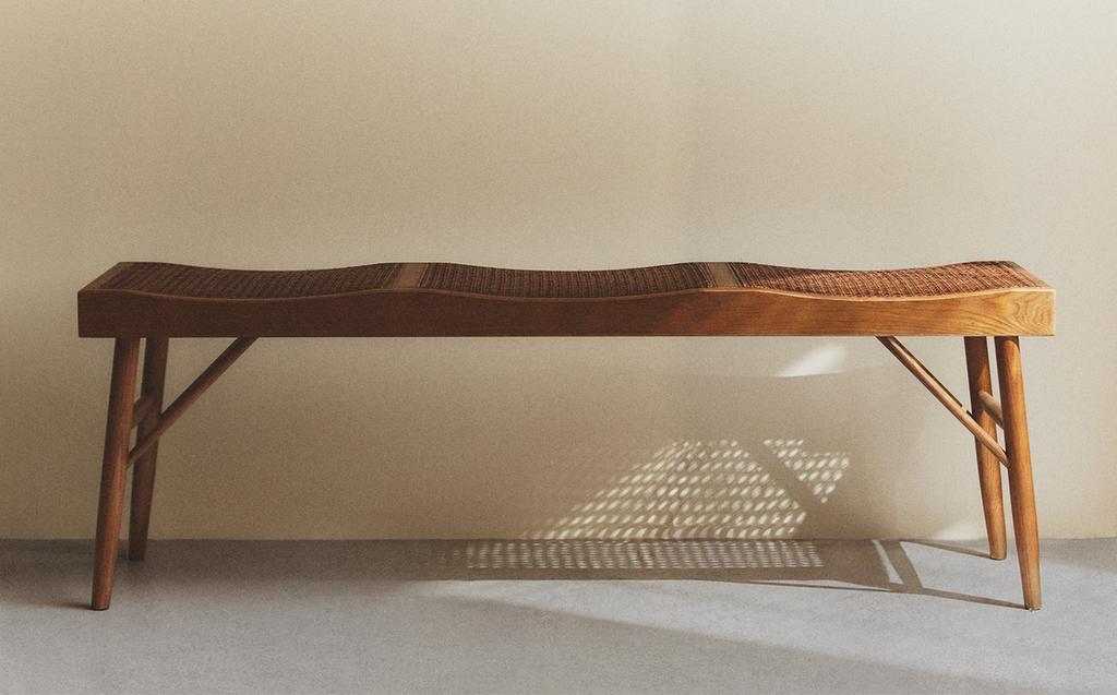 木制藤编长凳