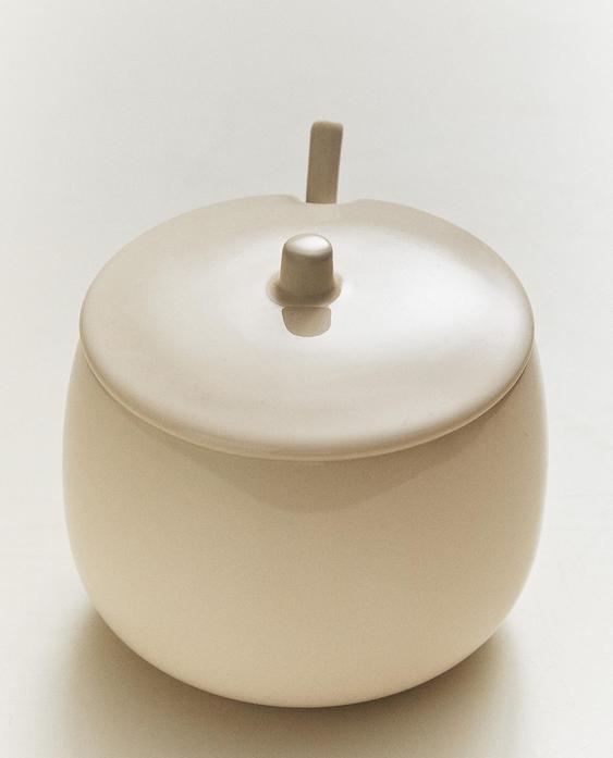 PLAIN STONEWARE SUGAR BOWL WITH SPOON