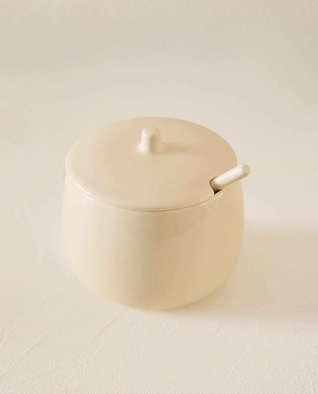 纯色炻瓷糖罐，带勺子