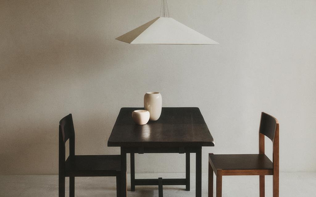 TABLE, CHAIRS, VASES AND CEILING LAMP
