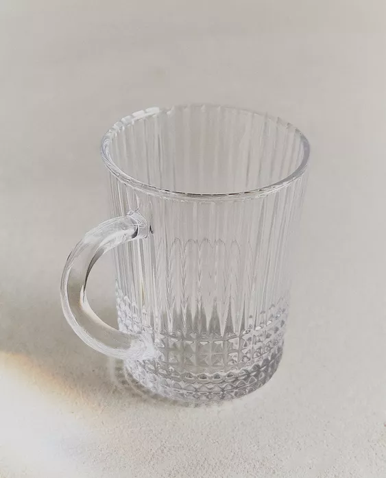 GLASS MUG WITH RAISED GEOMETRIC DESIGN
