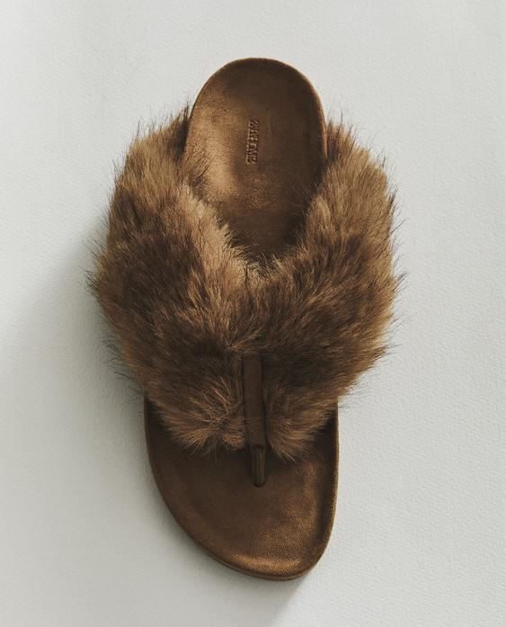 人造皮草丁字凉鞋