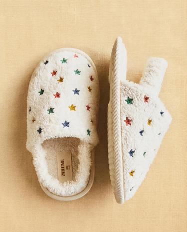 星星图案毛巾面料儿童浴室拖鞋